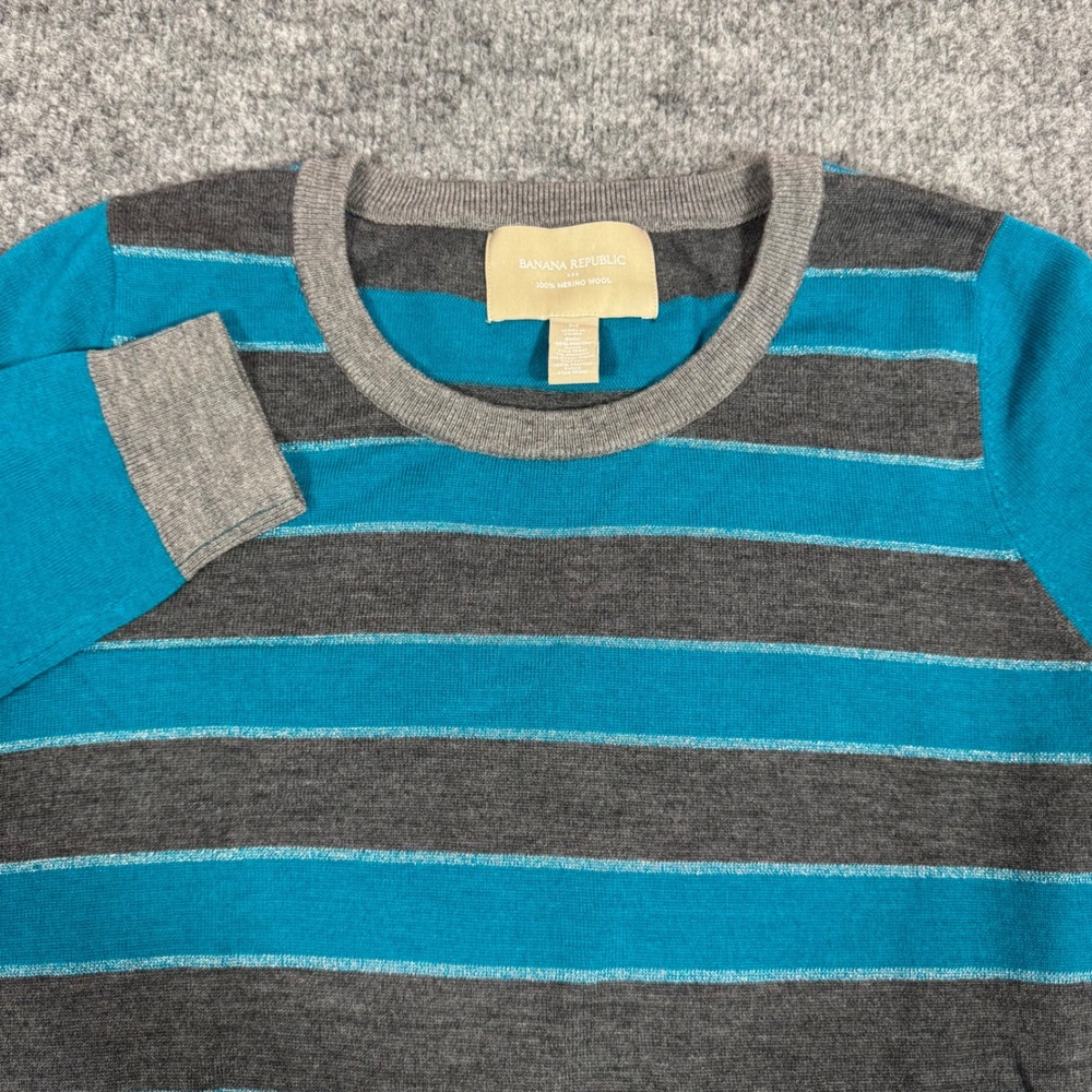 Banana Republic Striped Metallic Crewneck Sweater Women M Teal 100% Merino Wool